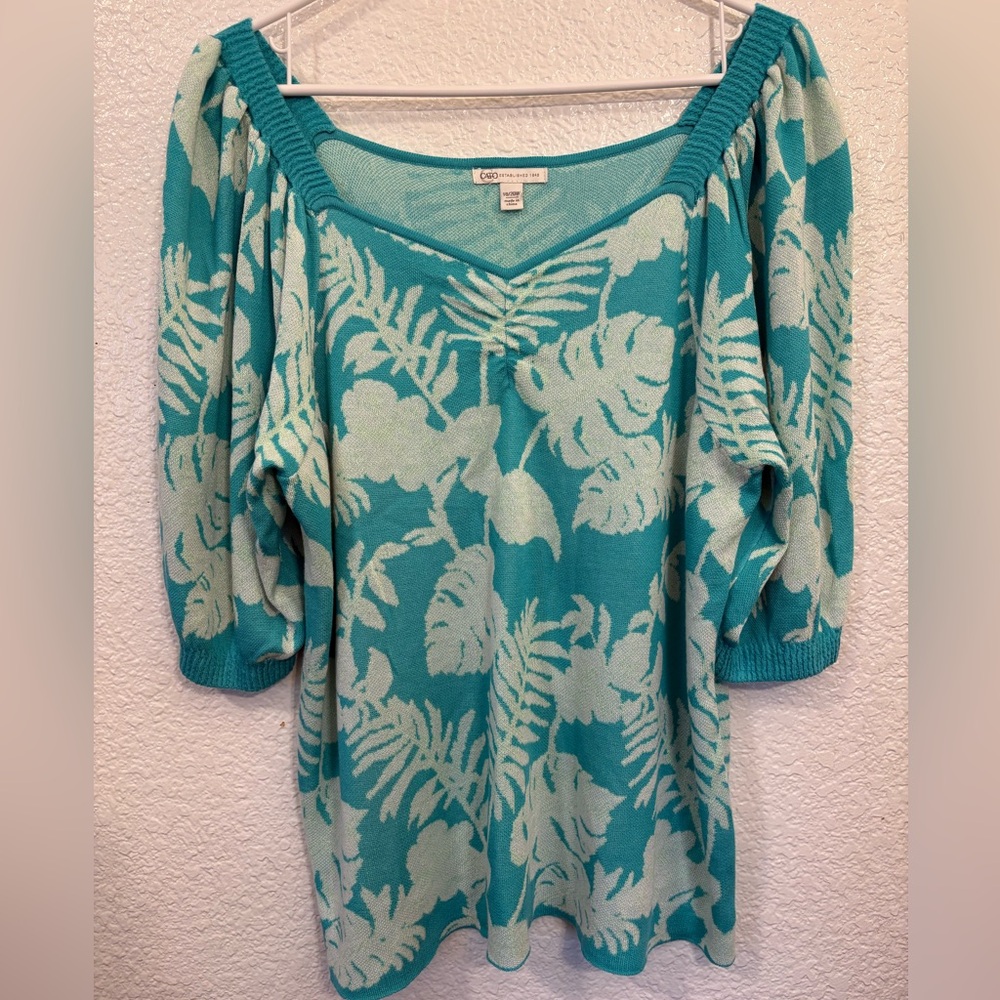 Cato Plus Size Tropical Leaf Knit‎ Sweater Women's 18/20W Teal White